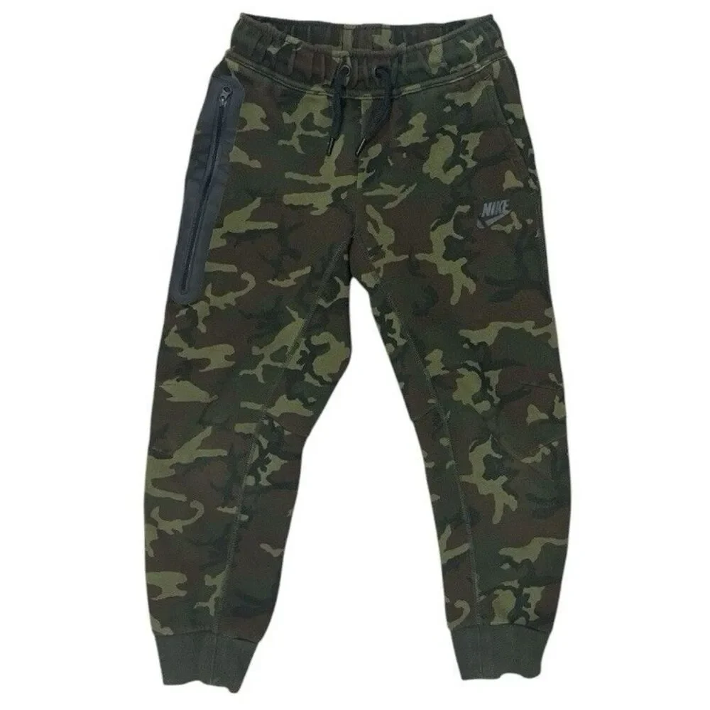 Nike Tech Fleece Jogger Pants Kids Small Woodland Camouflage Cuffed Zip Pocket